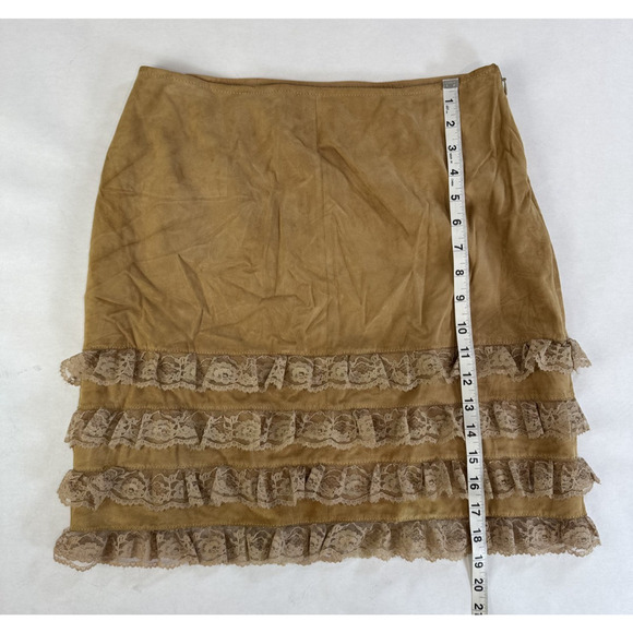 5/48 Genuine Leather Skirt Tiered Boho Lace Tan Neutral Size 8 Western Cottage - Picture 4 of 7